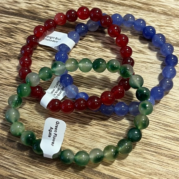 3pc Crystal Beads Bracelet - Red & Midnight Blue Chalcedony & Green Flower Agate - Picture 2 of 6